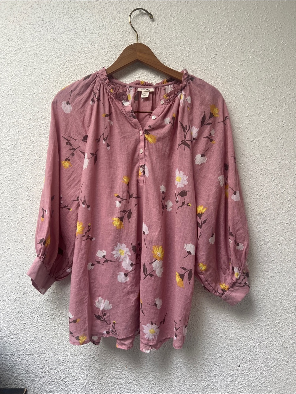 a.n.a Pink Floral Button-Front Peasant Tunic 100% Cotton